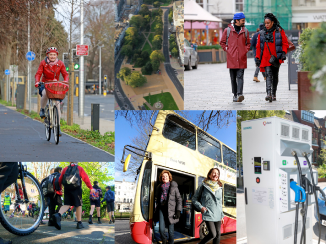 A collage of images showing various people walking, cycling and getting off a bus