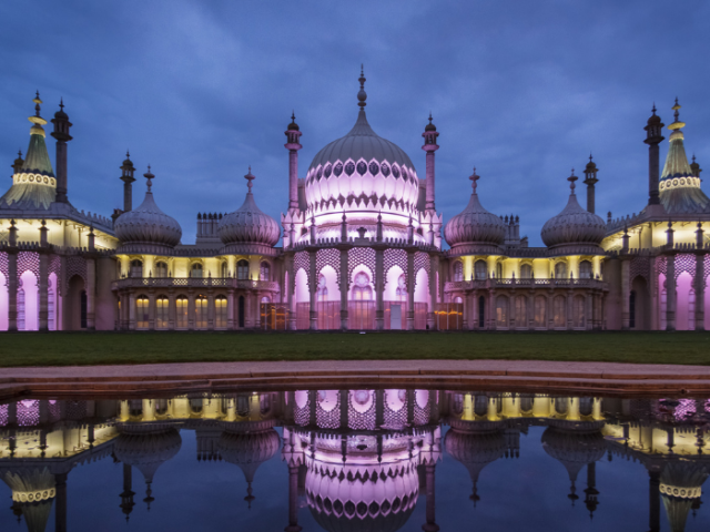 The Royal Pavilion lit up at night.