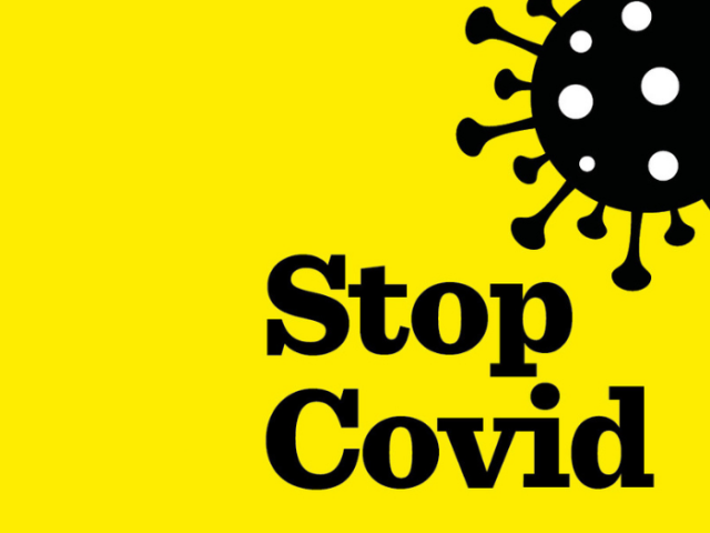 illustration of Covid varus with words Stop Covid
