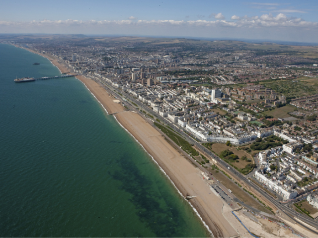 An aerial view of Brighton seafront from the Eastern end