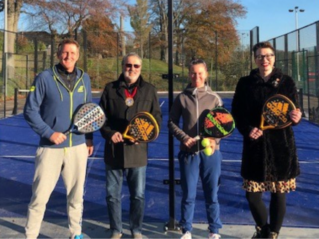 Picture shows, from left, Padelpro James Rose, Brighton & Hove Mayor Cllr Alan Robins, Padel coach Karen Hazzard, ward councillor Sarah Nield
