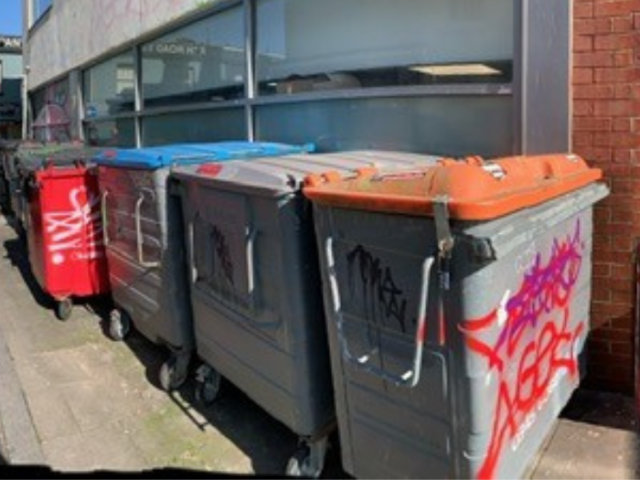 Commercial bins with graffiti on, obstructing the pavement