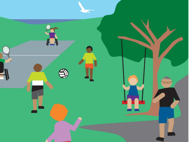 People of all ages enjoying physical activity and sport in a wooded seaside park. Activities include wheelchair tennis, walking, running, child on a swing and football. 