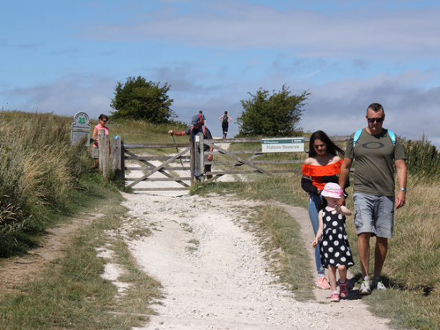 people walking on a chalk path in the South Downs National Park