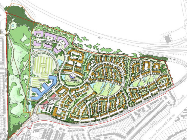 A map of the proposed Toads Hole Valley development showing an aerial view of the site, including planned roads, houses and community spaces.