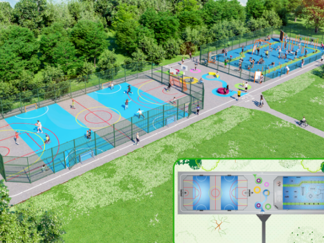 Computer generated image showing Wild Park Multi Use Games Area (MUGA) and Fitness Area.