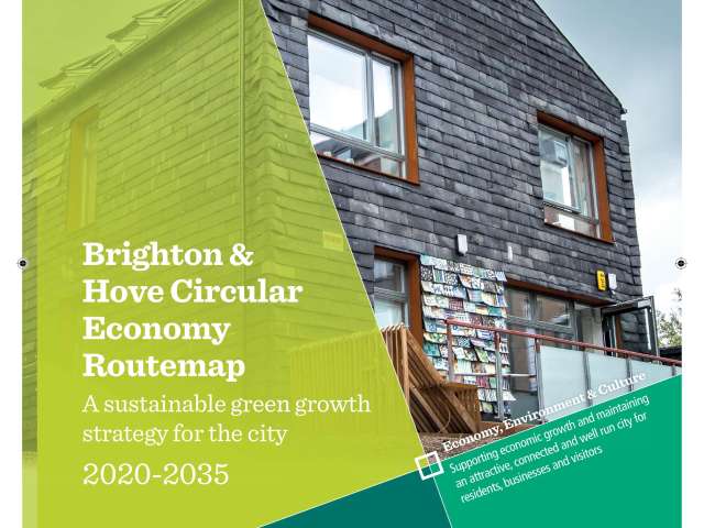 Front cover of Brighton & Hove Circular Economy Routemap showing Brighton Waste House, built using over 85 per cent waste materials