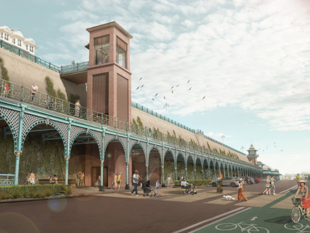 An artist's impression of how the new Shelter Hall lift and terrace will look after the restoration is complete. The square brick lift tower rises above the terrace level walk way with its characteristic light blue painted iron balustrade.