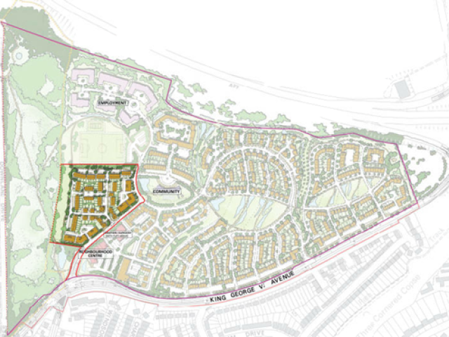 A map of the proposed Toads Hole Valley development showing an aerial view of the site, including planned roads, houses and community spaces.