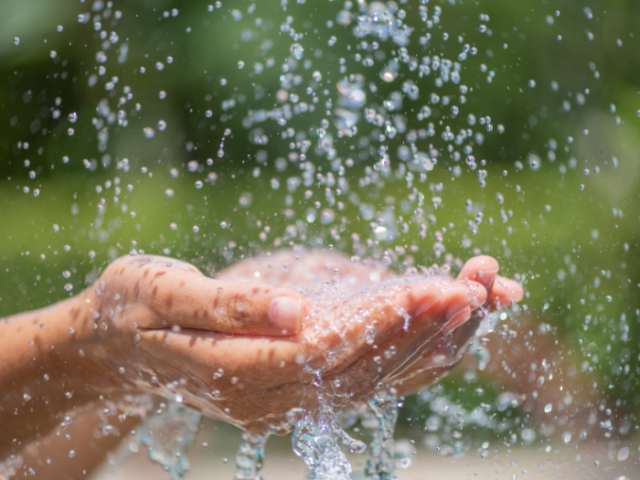 A photo of a person cupping their hands together as water falls from above.