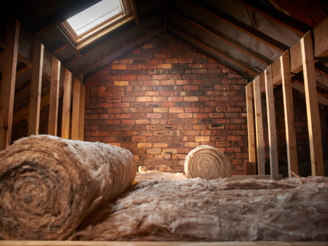 Photograph of a roll of insulation being installed in a loft