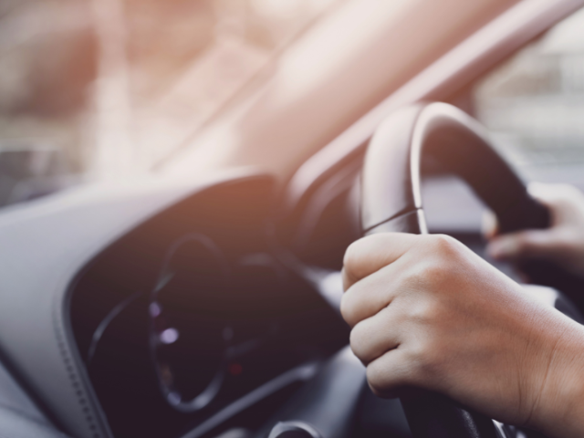 A person holding the steering wheel of a car