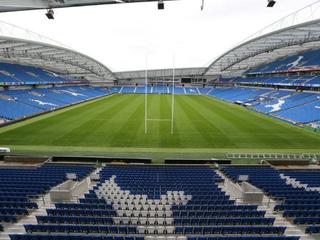 Picture, by Paul Hazlewood / BHAFC, of the Brighton & Hove Albion stadium with rugby posts