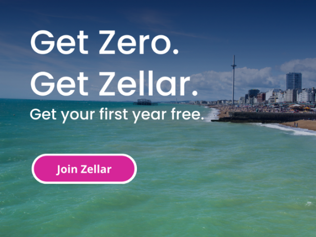 Graphic with photo looking along Brighton & Hove seafront and sea with text reading 'Get Zero. Get Zellar. Get your first year free. Join Zellar'