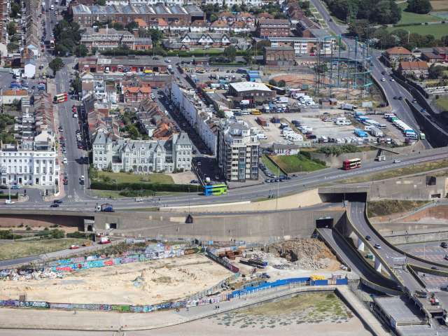An aerial view of the Black Rock area looking north from the seafront. The works alongside the beach can clearly be seen with the houses across the road (A259).