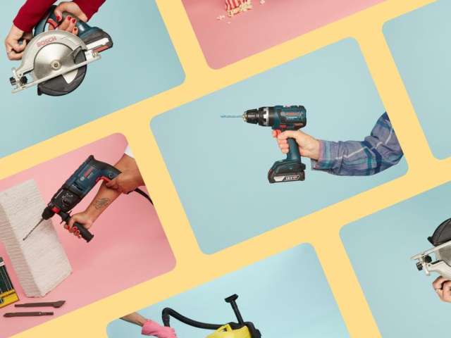 Grid with pink and blue squares showing a projector, circular saw, drills and a carpet cleaner