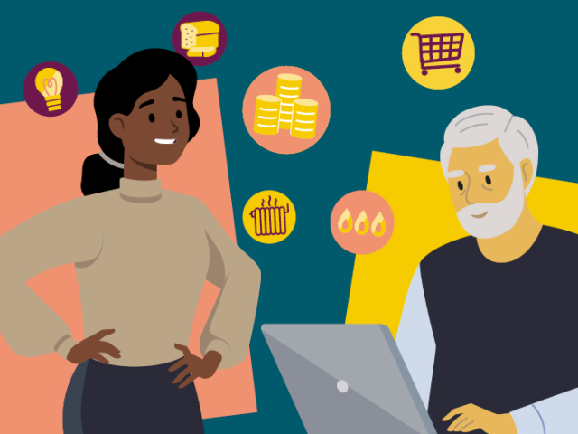 Graphic with an illustrated standing woman and a man seated at a laptop, with icons representing food, energy and money