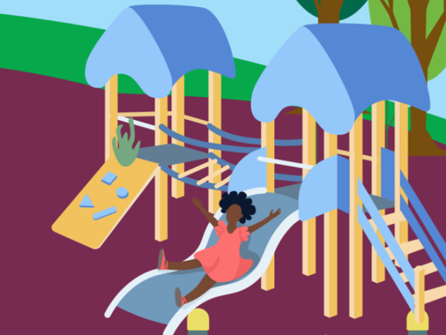 Colourful illustration of a girl on a slide in a playground.