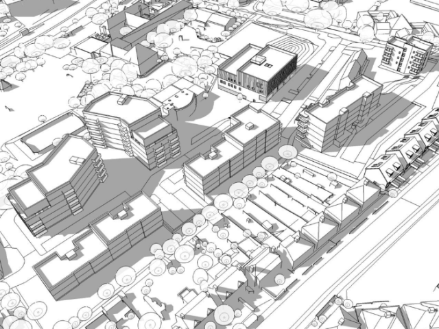 The image shows an architect's depiction of the future Moulsecoomb community hub and flats. 