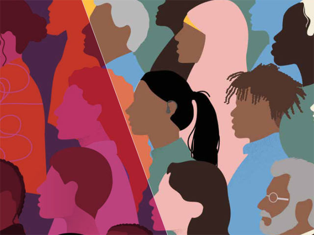 The image shows a colourful graphics of people of diverse ethnicities.