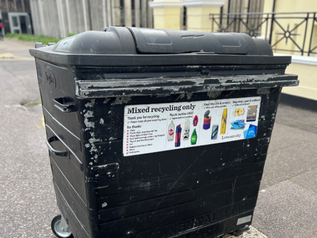 A picture of a communal recycling bin