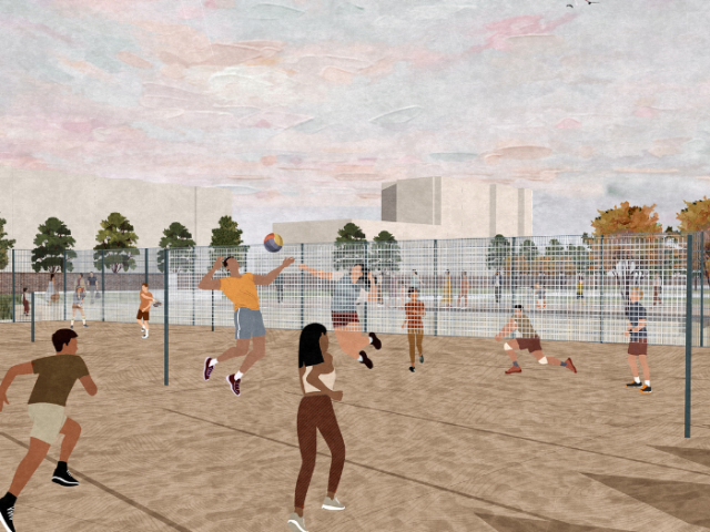 An artist's impression of the new sand sports facility at Hove Beach Park shows a game of beach volleyball in progress. A player in a yellow vest top, light blue shorst, white socls and black trainers leaps at the net and is about to hit the ball which is just about his head height with his right hand. At the other side of the net a player in a blue op and brown shorts leaps to try to block the shot. Players on either side of the net run towards it from the back of the court.