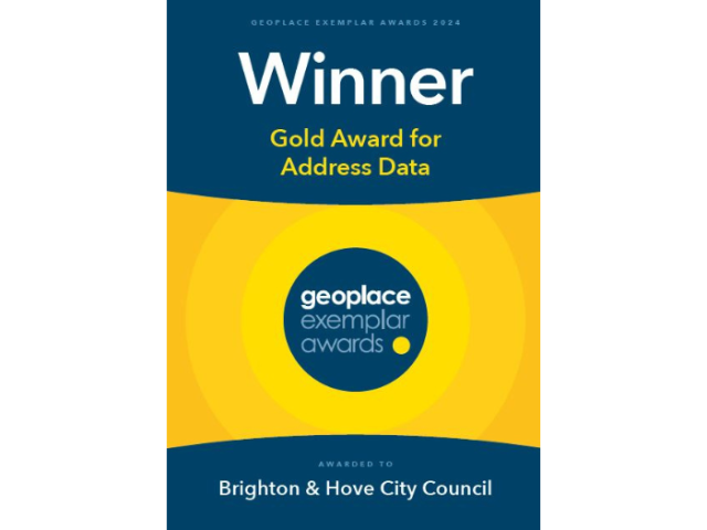 A dark blue vertical certificate has a graduated yellow band in the middle getting progressively brighter as it reaches a blue circle in the middle of the certificate. The text reads:" Geoplace Exemplar Awards 2024. Winner. Gold Award for Address Data. Awarded to Brighton & Hove City Council."