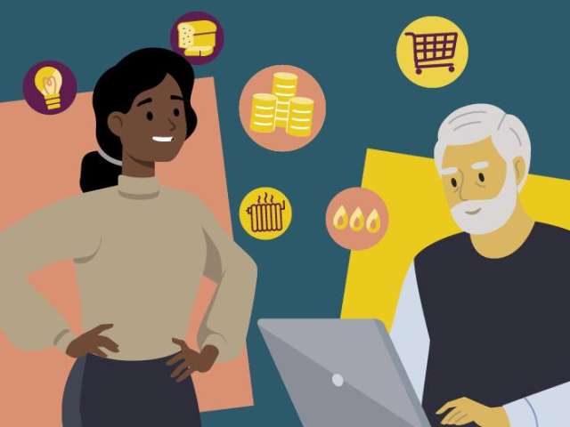 Graphic representing support with the cost of living, with an illustration of a woman standing and a man sitting at a computer and icons representing money, food and energy