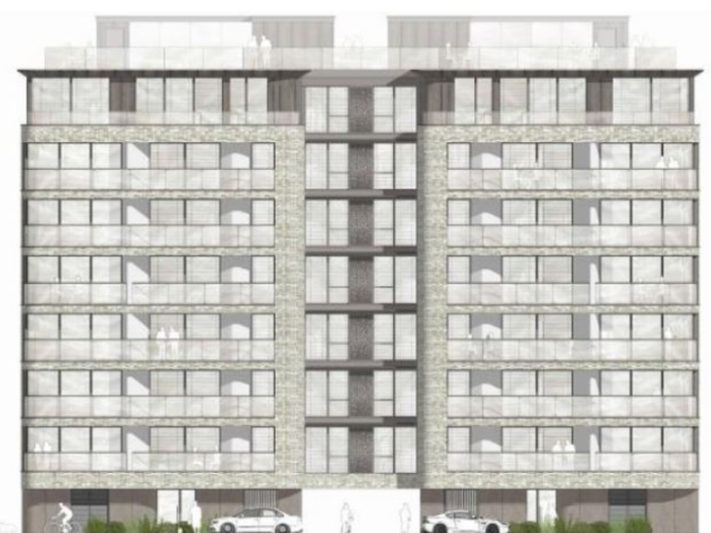 An indicative concept visualisation of the proposed development showing the building looking out over the seafront with traffic on Kingsway in front of it. White figures representing passers by can be seen around the building.