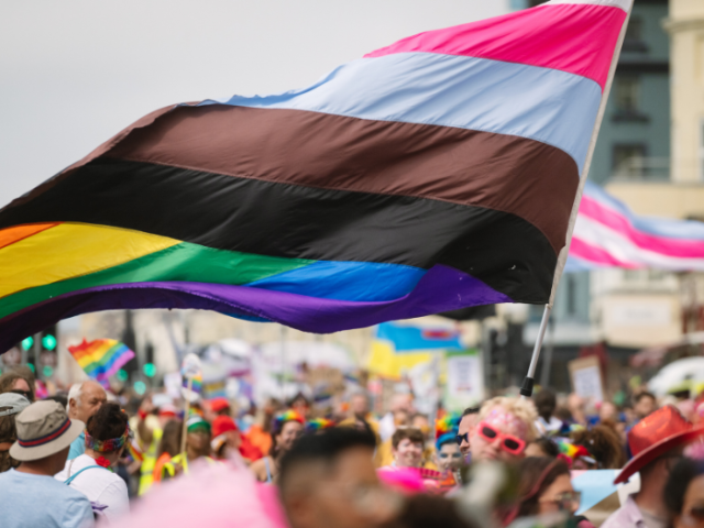 Photo of a pride flag and a protest march.