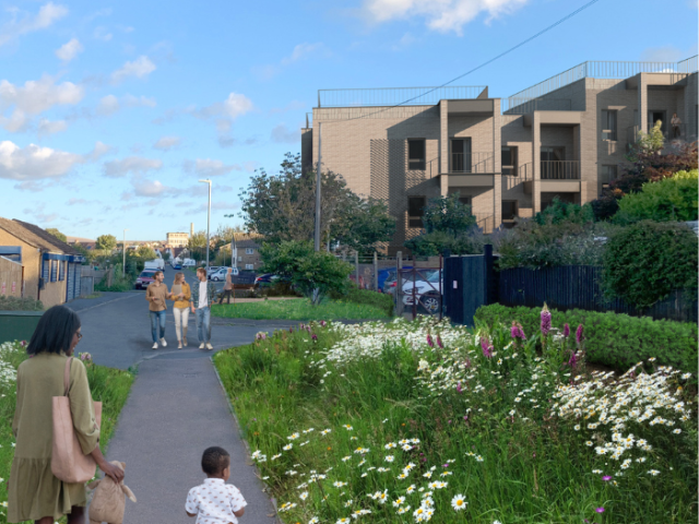 An artist's impression of the new development shows a mother and you son walking up a grey pathwith wild flowers growing either side of it.In A group of 3 people are walking towards them.To the right of that group the light brown rectangular building shows brick balconys to 2 storeys and barriers are visible along the walls of the flat roof-top terraces.