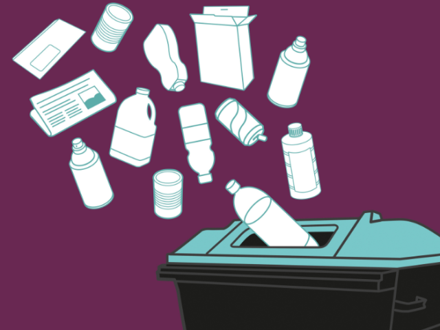 Illustration on recycling being put into a bin with an aqua lid.