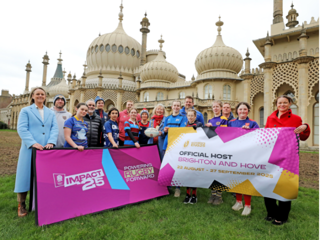 Rugby players and councillors celebrate the launch of the 2025 Women's Rugby World Cup in the Royal Pavilion grounds