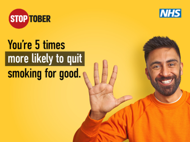 Stoptober graphic with a photo of a man holding his fingers and thumb up tot he camera to indicate people are 5 times more likely to stop smoking for good by taking part in Stoptober