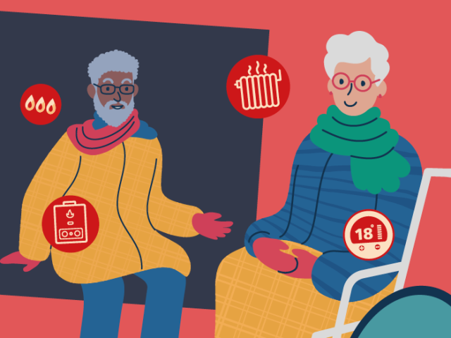 Cost of living support graphic with illustrations of an older man and older woman with icons representing energy usage