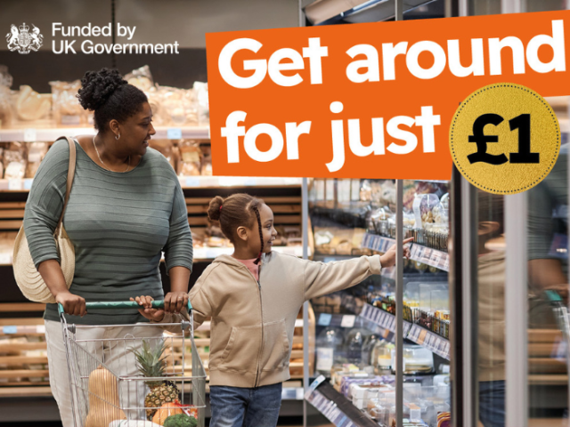 A picture of a woman and daughter in a supermarket with caption reading "get around for just £1"