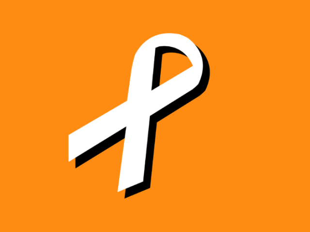 The image shows a graphic depiction of a white ribbon on an orange background.