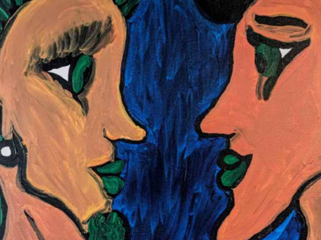 An abstract painting of two people facing each other