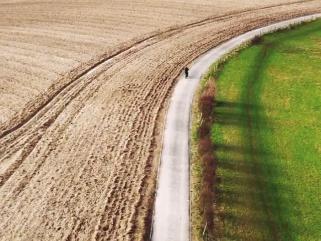 An aerial photo of someone clying on a path between two fields