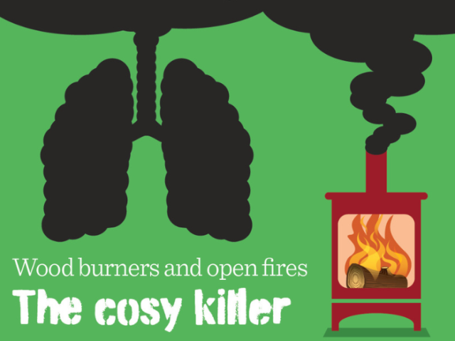 A picture of a wood burner and smoke in the shape of a pair of lungs with the caption reading "wood burners and open fires- The cosy killer"