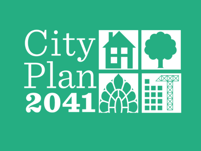 The City Plan 2041 logo of a drawing of a house, a tree, an arched church-style window and a crane over a tall building.