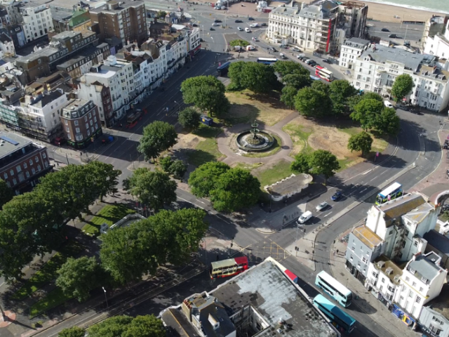 A drone shot of an area of a city