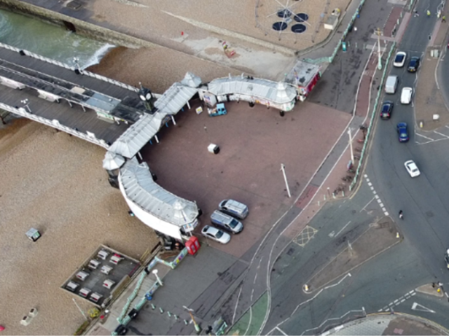 An aerial photograph of the entrance to a pier