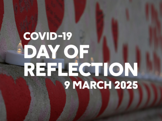 A photo of tealight candles on a wall. The text reads: Covid-19 Day of Reflection. 9 March 2025