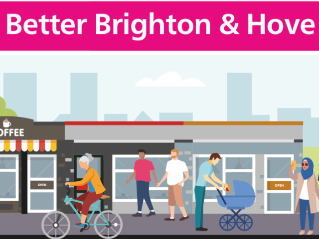 Busy street scene image with cyclist, someone pushing prams and another person waving, along with the words: Better Brighton & Hove