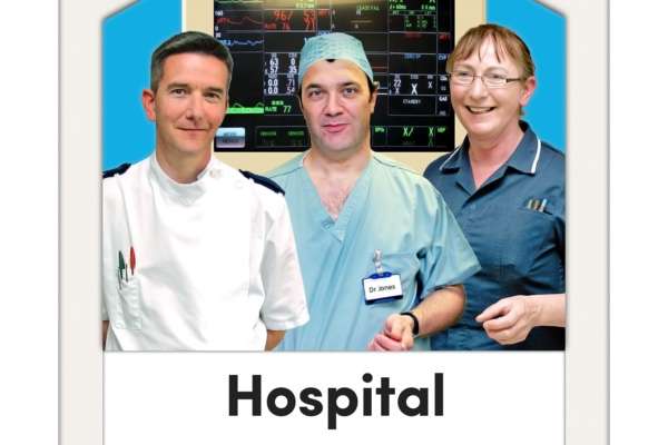 3 care professionals above the word "Hospital".