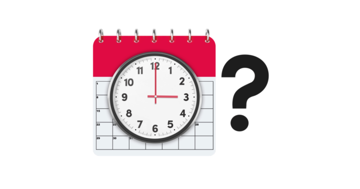 Clock on top of a calendar next to a question mark.