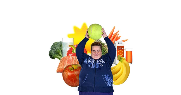 Person surrounded by pictures of healthy food.