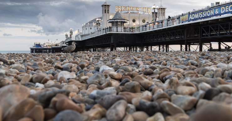 Pebbles on Brighton Beach next to Brighton Pier.