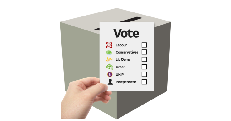 Ballot paper showing options for political parties to vote for with a ballot box in the background.